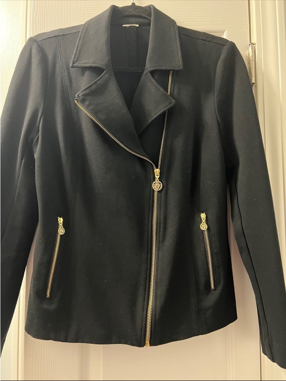 Ellen Tracy Black Asymmetrical Zip Pea Coat with Gold Hardware